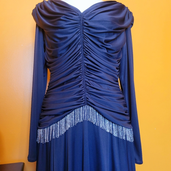 Vintage 70s Claralura Original Black Beaded Fringe Flapper Style Evening Dress - Picture 2 of 14